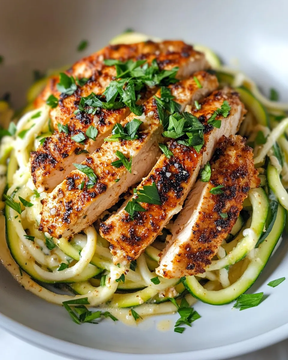 Delicious 20-Minute Blackened Chicken Alfredo Zoodles dish photo