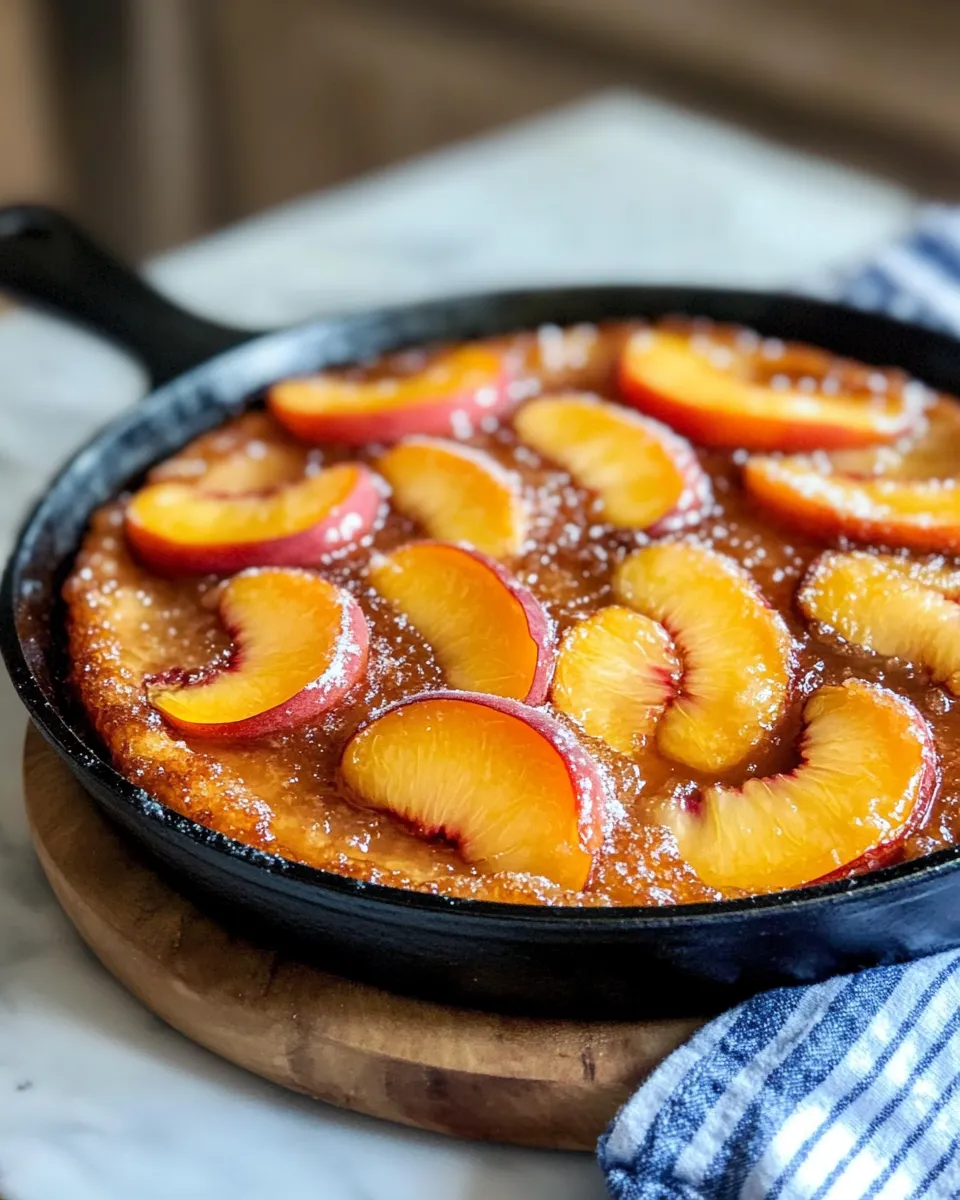 Delicious Bourbon-Peach Upside-Down Skillet Cake food shot