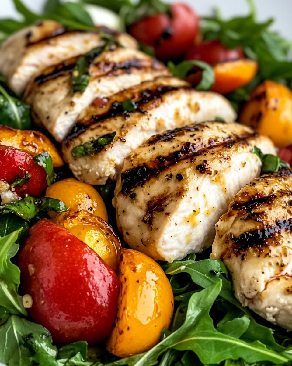 Delicious Grilled Nectarine Chicken Caprese Salad food shot