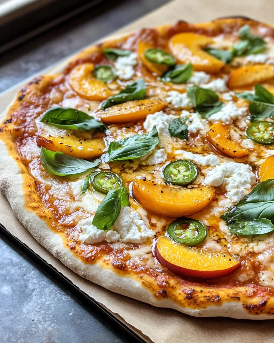 Fresh Honey-Drizzle Peach JalapeÃ±o Pizza food shot