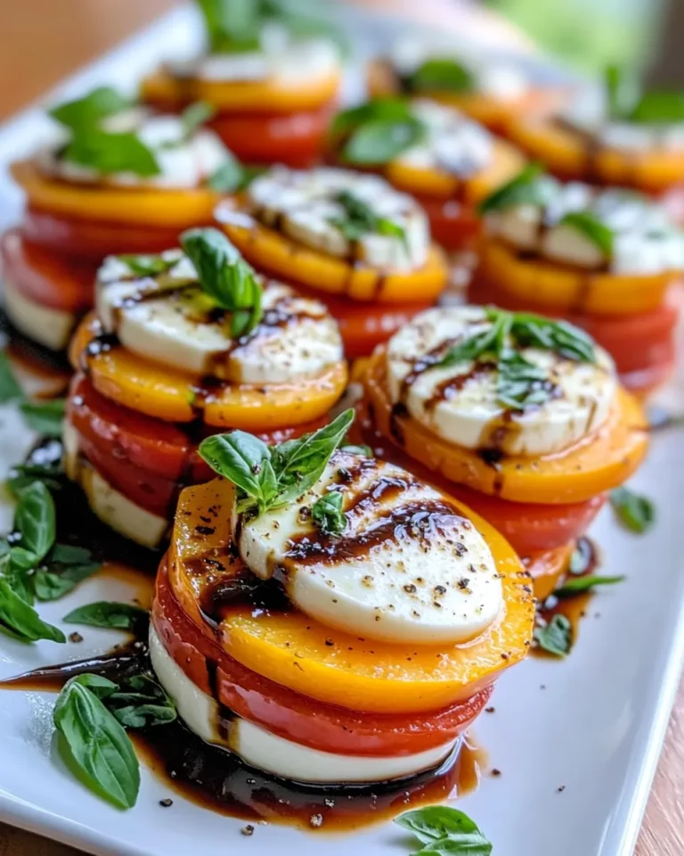Delicious Peach-Tomato Caprese Tower Stacks recipe photo