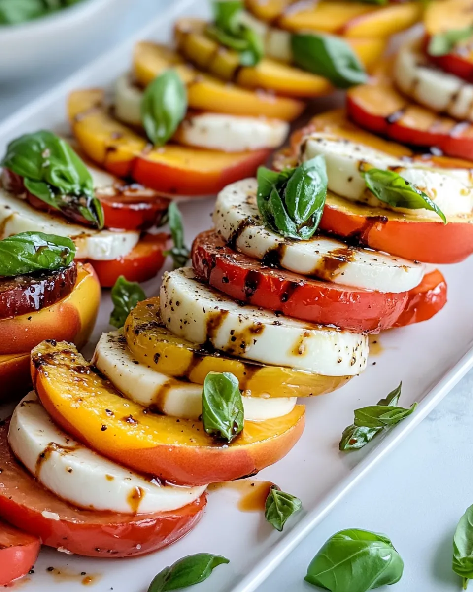 Healthy Peach-Tomato Caprese Tower Stacks food shot