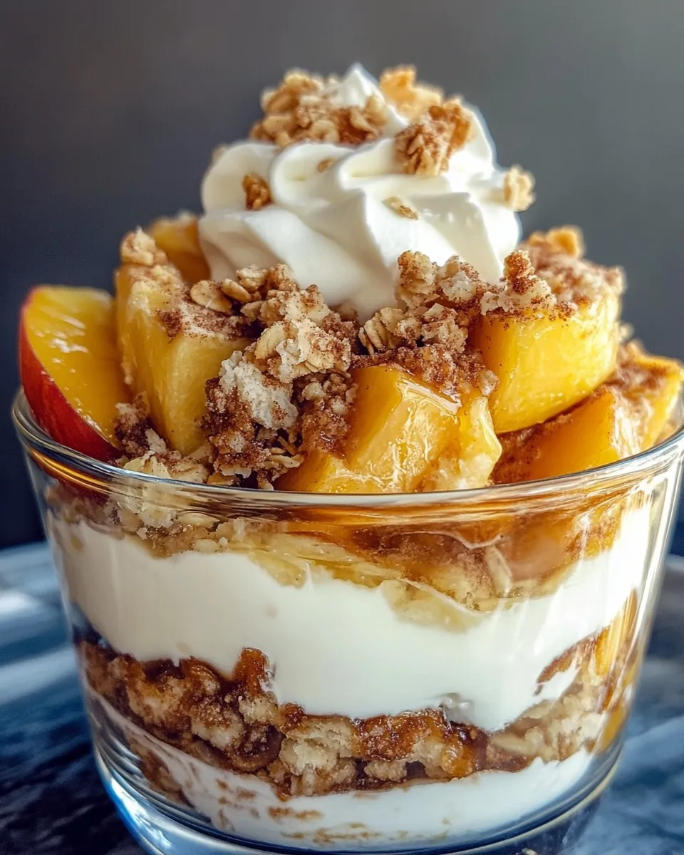 Delicious Peach Cobbler Cinnamon-Roll Parfaits plate image