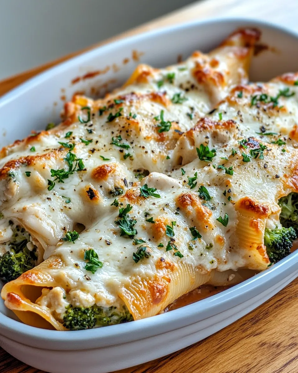 Easy Cheesy Chicken Broccoli Stuffed Shells food shot