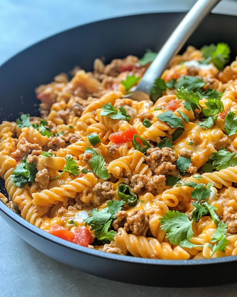 Easy Cheesy Taco Pasta Skillet food shot