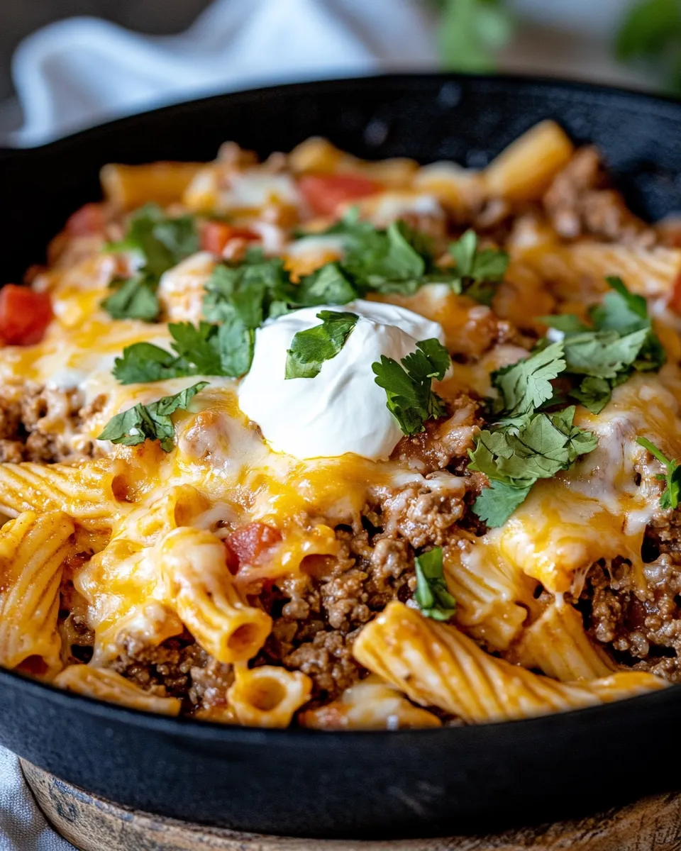 Delicious Cheesy Taco Pasta Skillet plate image