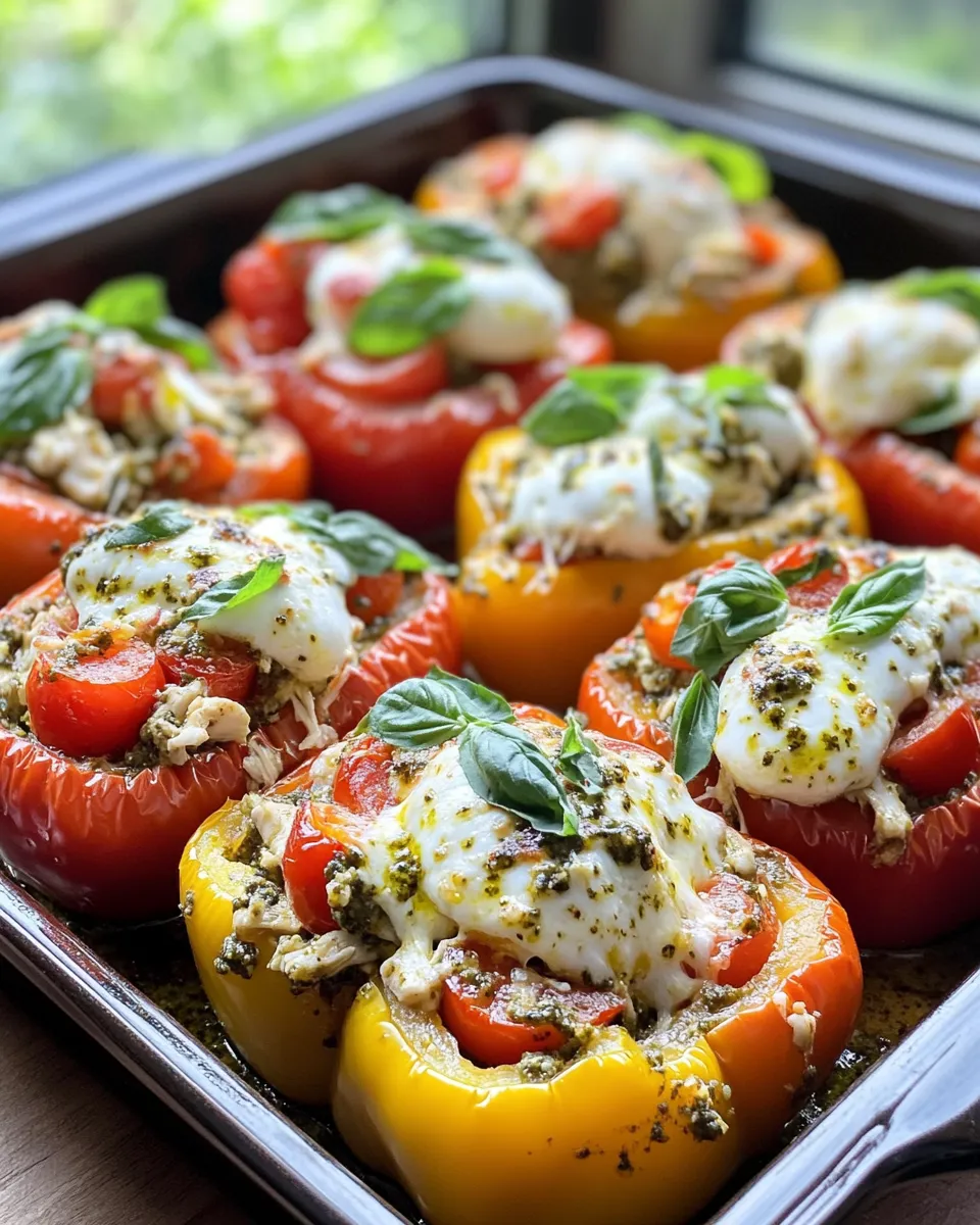 Delicious Chicken Pesto Caprese Stuffed Peppers plate image