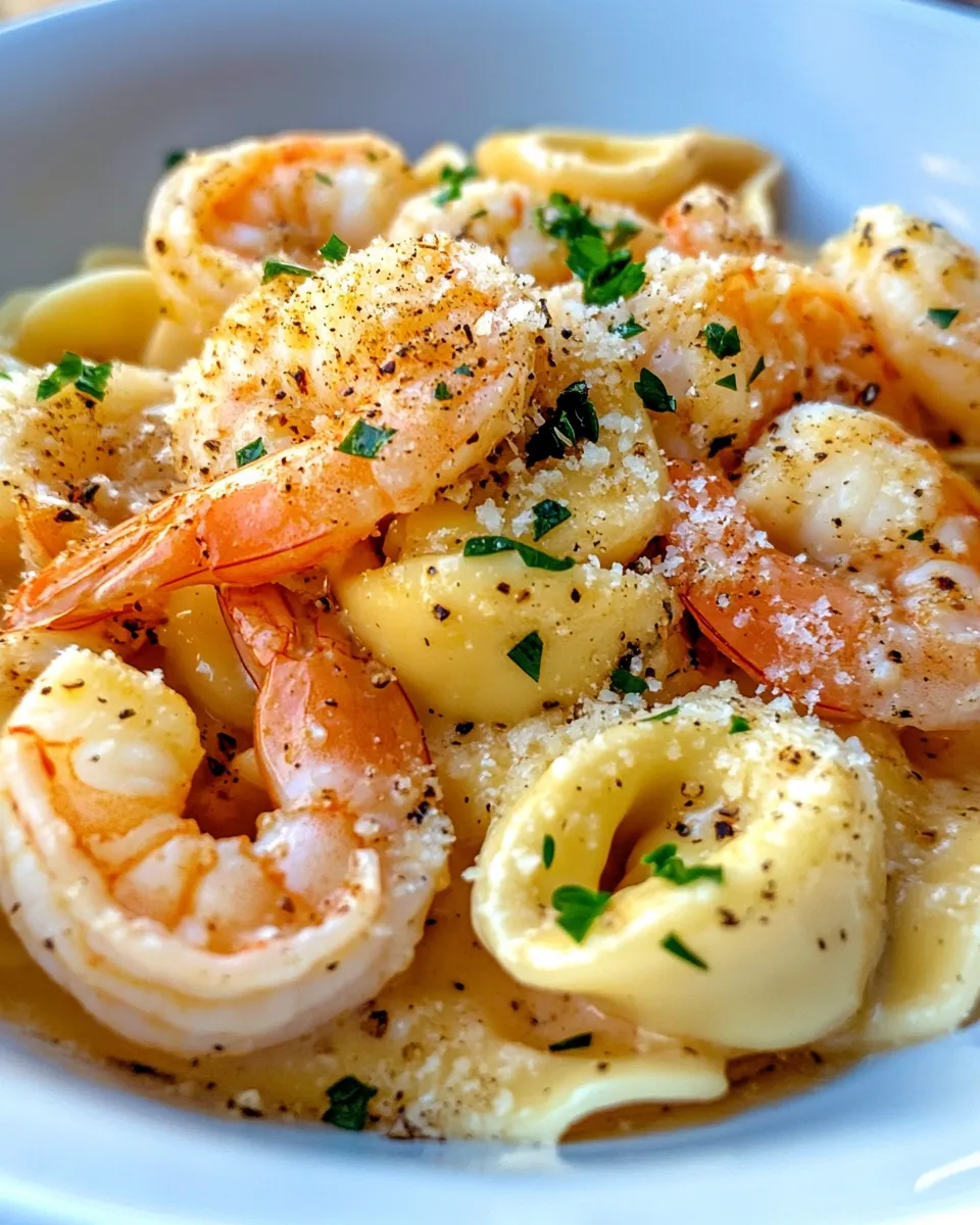 Delicious Creamy Garlic Shrimp Tortellini food shot
