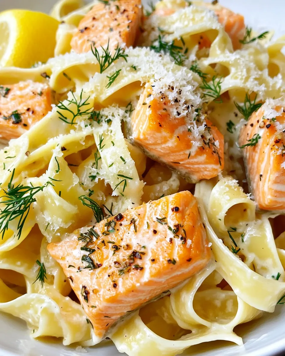 Easy Creamy Lemon Dill Salmon Pasta food shot