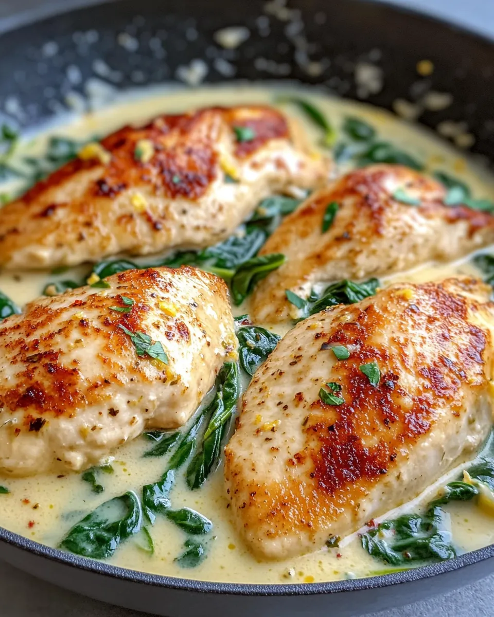 Delicious Creamy Lemon Spinach Chicken plate image