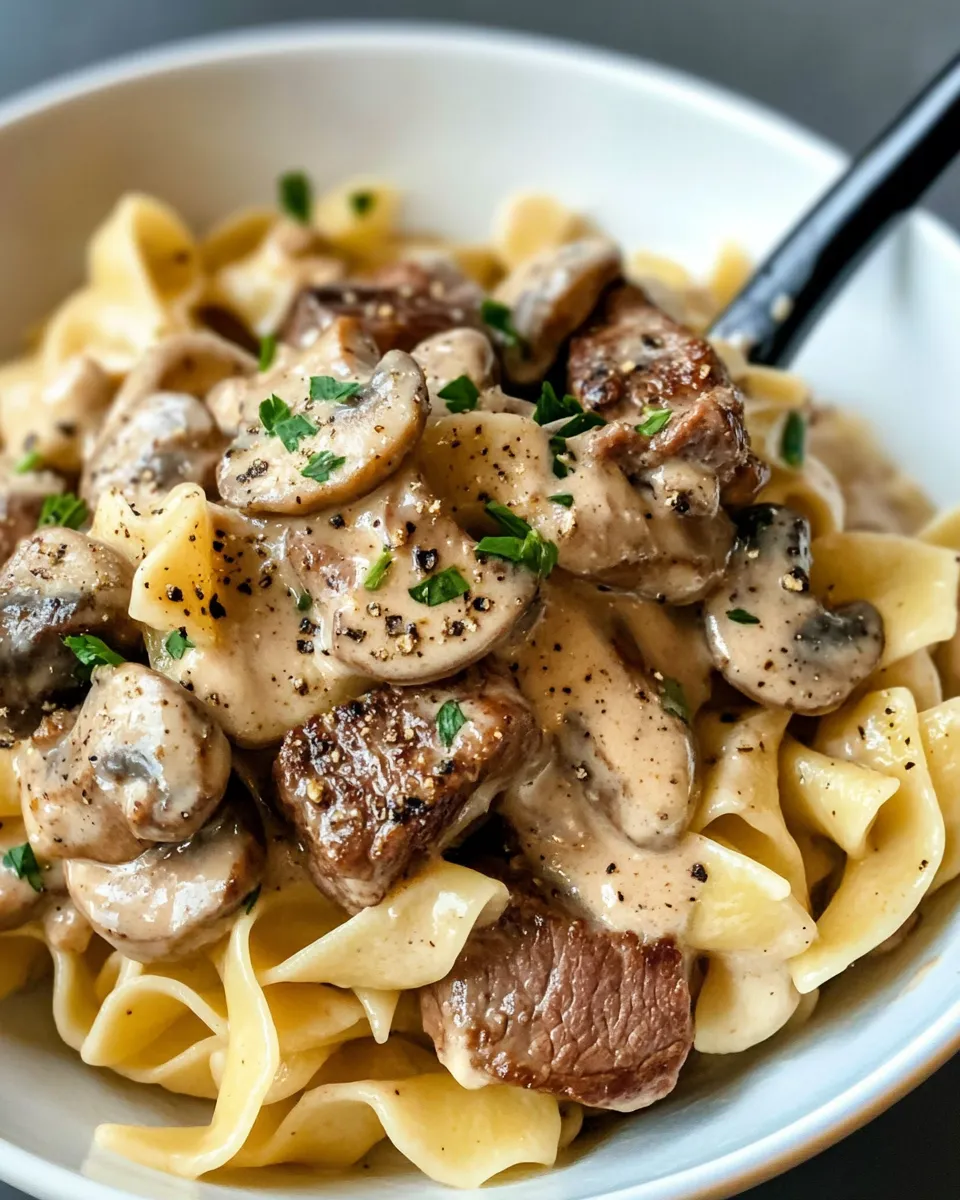 Classic Creamy Mushroom Beef Stroganoff Noodles dish photo