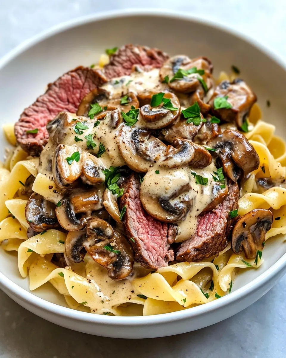 Easy Creamy Mushroom Beef Stroganoff Noodles food shot