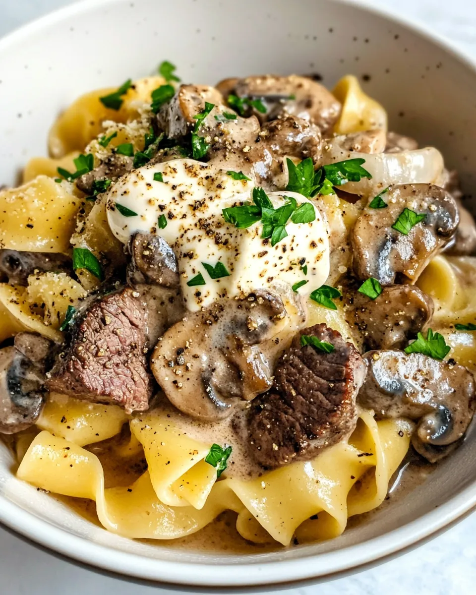 Delicious Creamy Mushroom Beef Stroganoff Noodles plate image