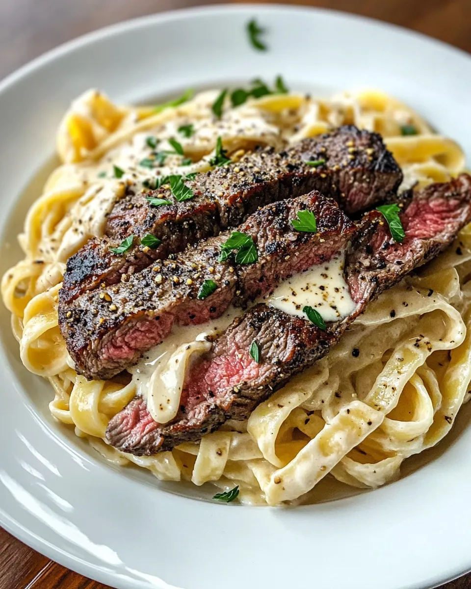 Classic Creamy Peppercorn Steak Pasta food shot