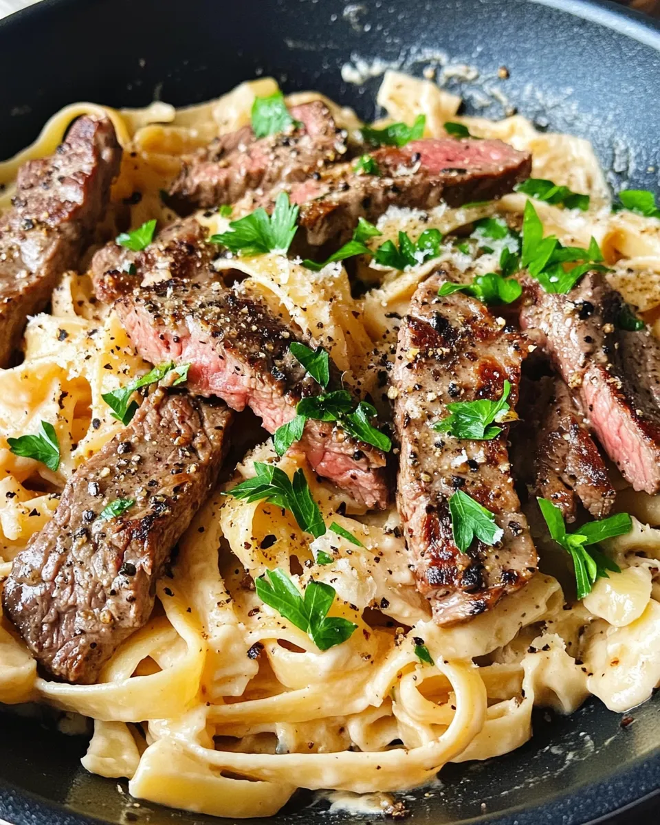 Delicious Creamy Peppercorn Steak Pasta plate image