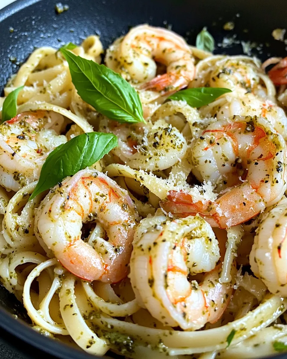 Easy Creamy Pesto Shrimp Linguine food shot