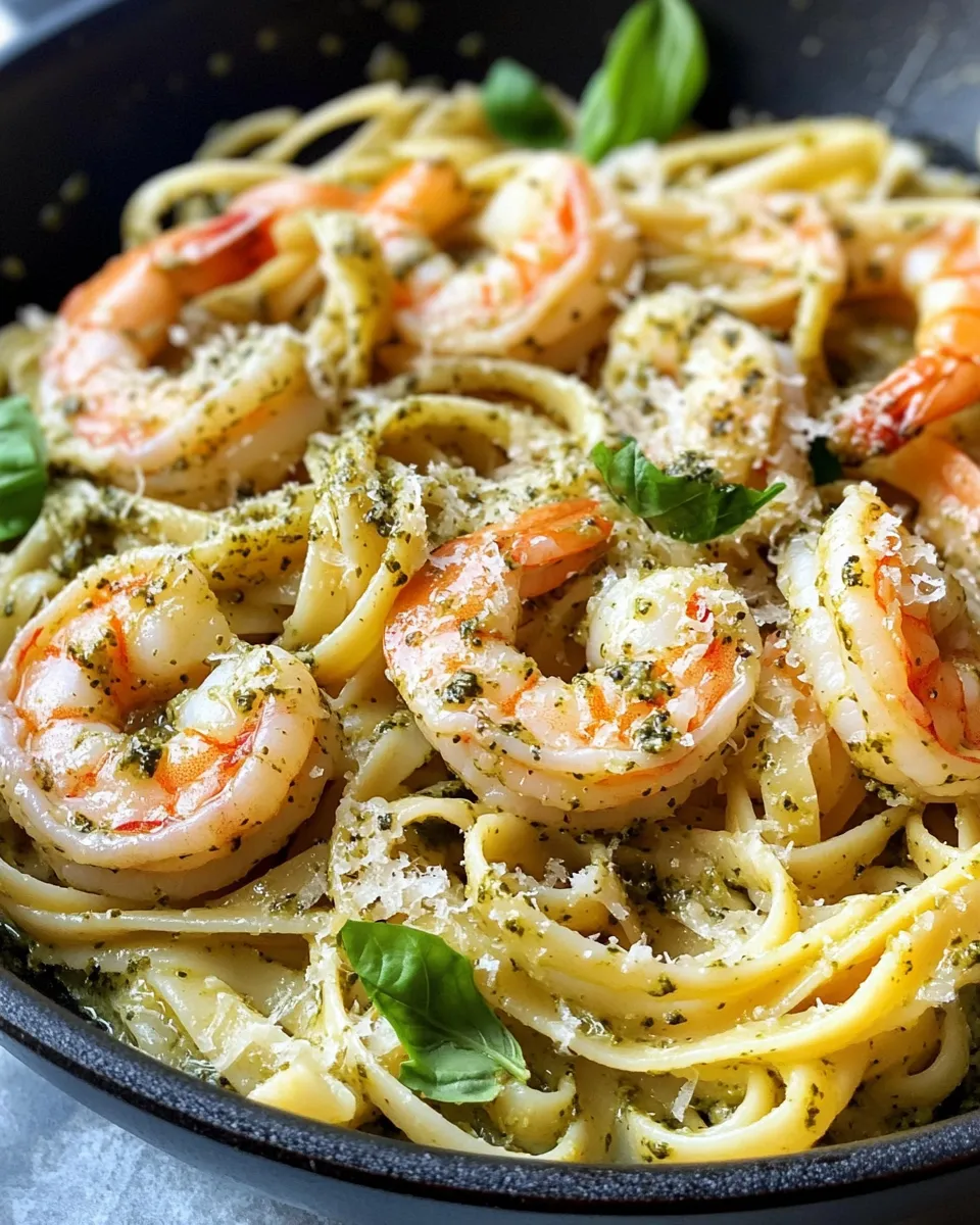 Delicious Creamy Pesto Shrimp Linguine plate image