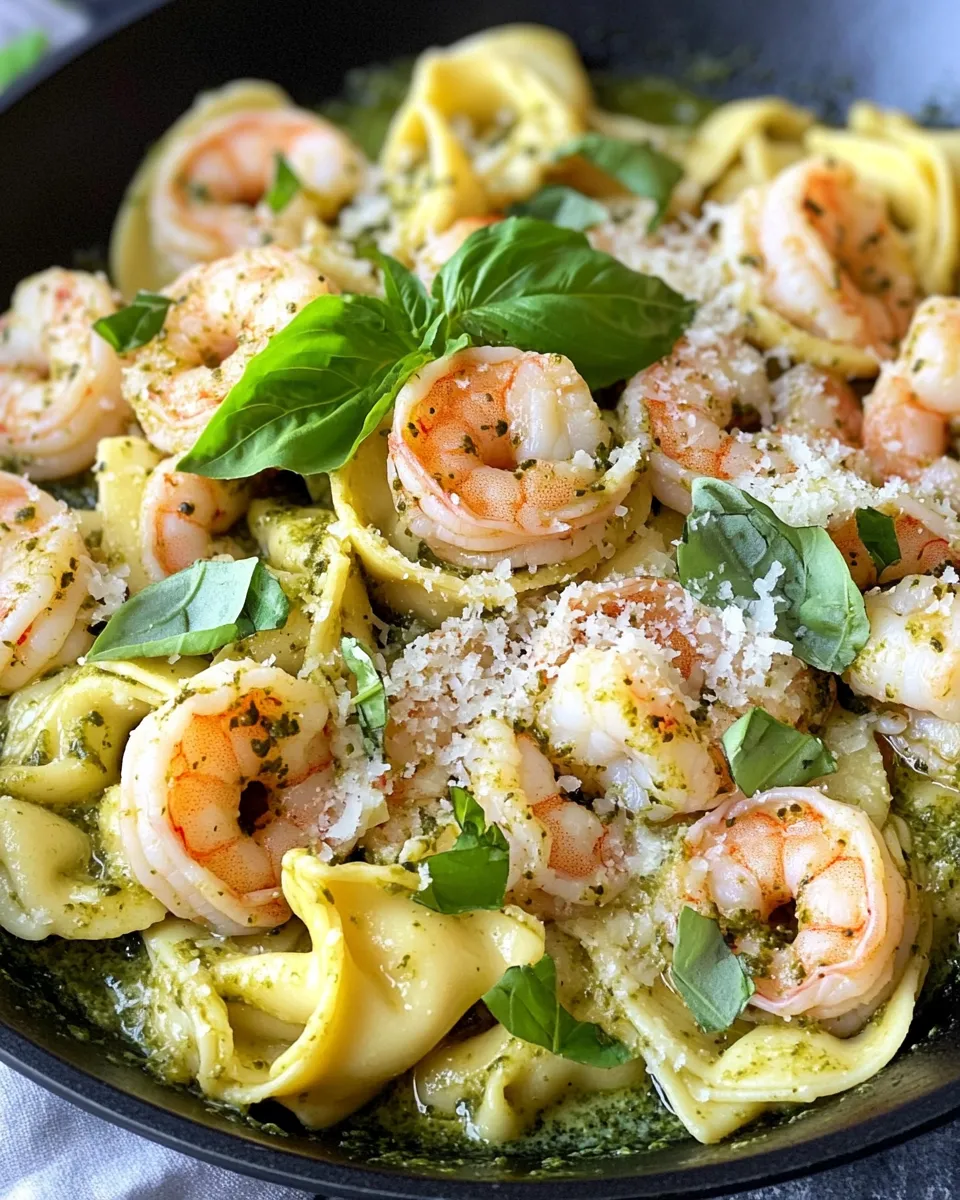 Easy Creamy Pesto Shrimp Tortellini food shot