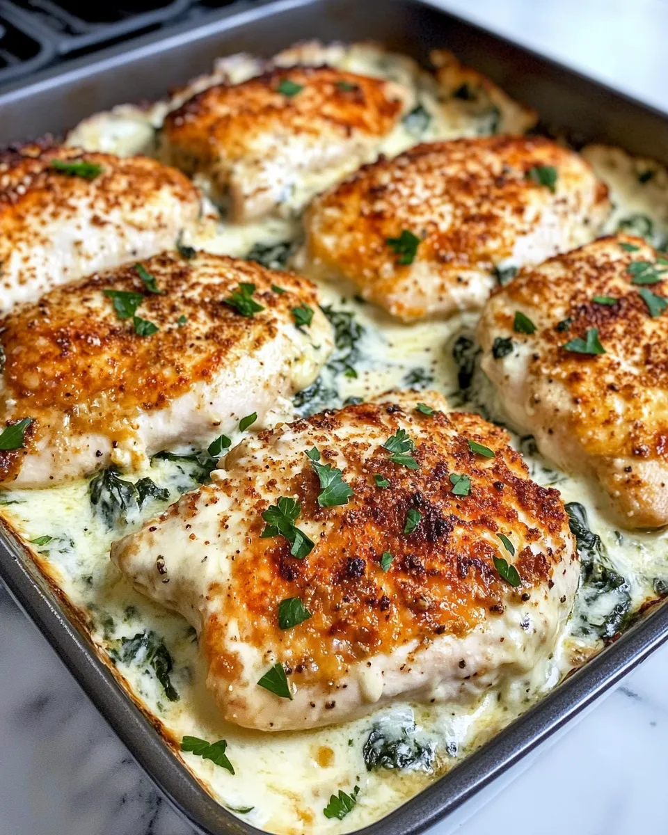 Delicious Creamy Spinach Artichoke Chicken Bake food shot