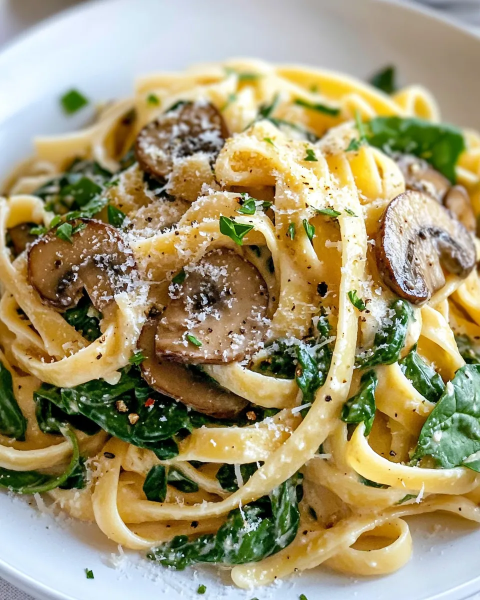 Delicious Creamy Spinach Mushroom Fettuccine dish photo