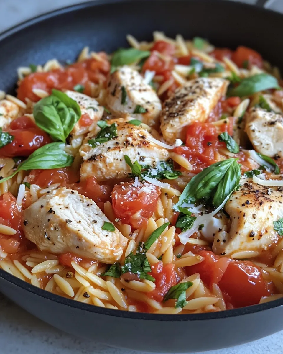 Delicious Creamy Tomato Basil Chicken Orzo food shot