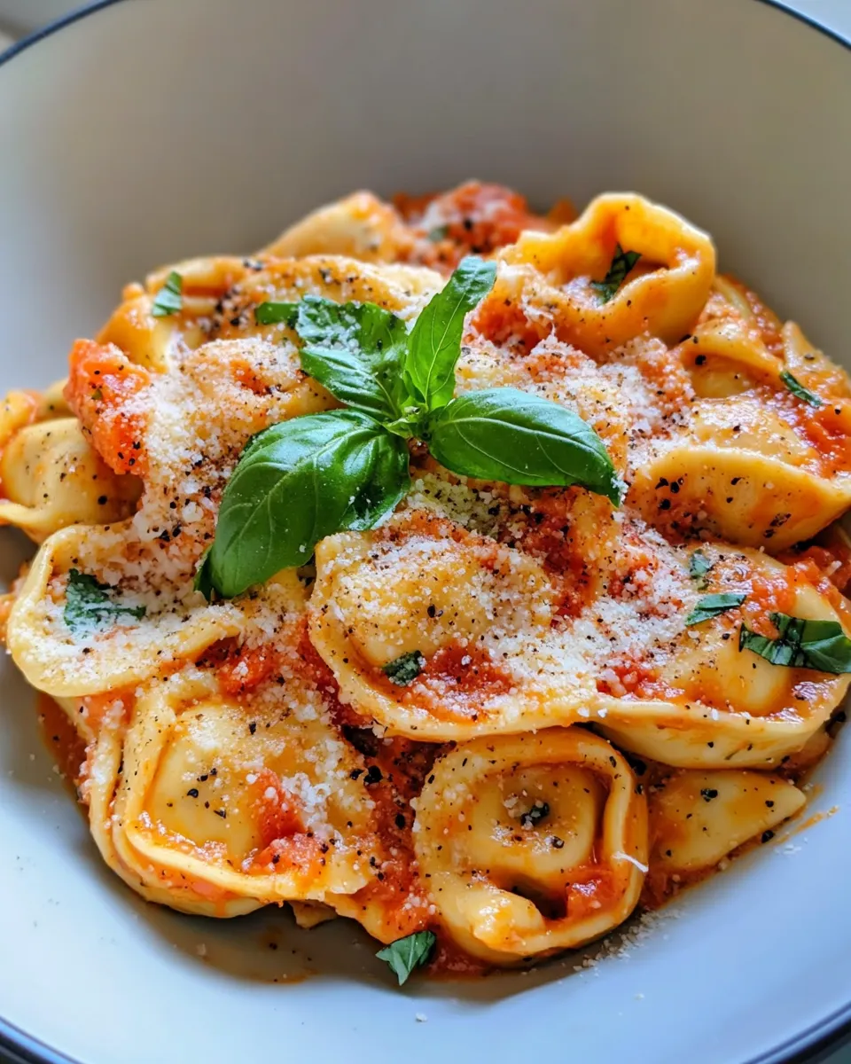 Delicious Creamy Tomato Basil Tortellini food shot