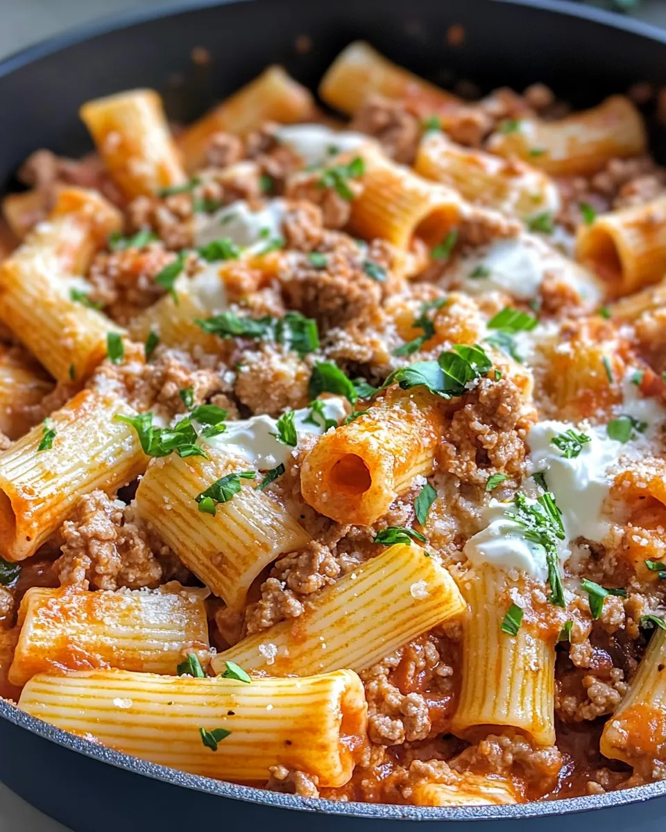 Easy Creamy Tomato Beef Rigatoni food shot