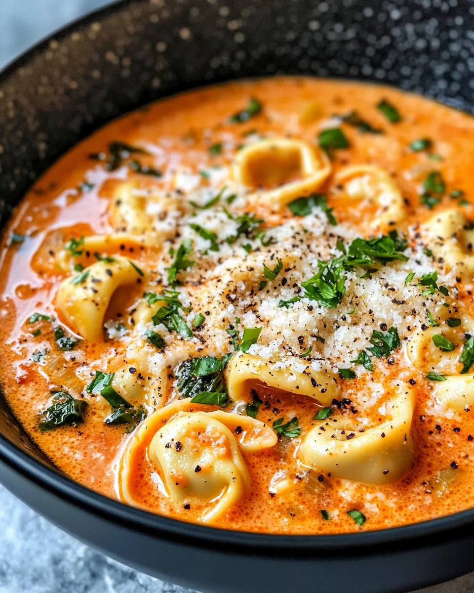 Easy Creamy Tortellini Spinach Tomato Soup food shot