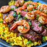Homemade Jerk Steak & Shrimp Over Yellow Rice recipe photo