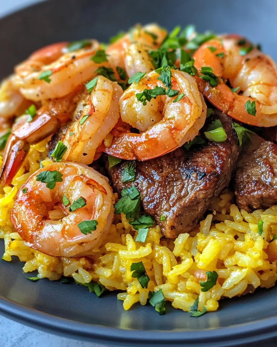Classic Jerk Steak & Shrimp Over Yellow Rice plate image