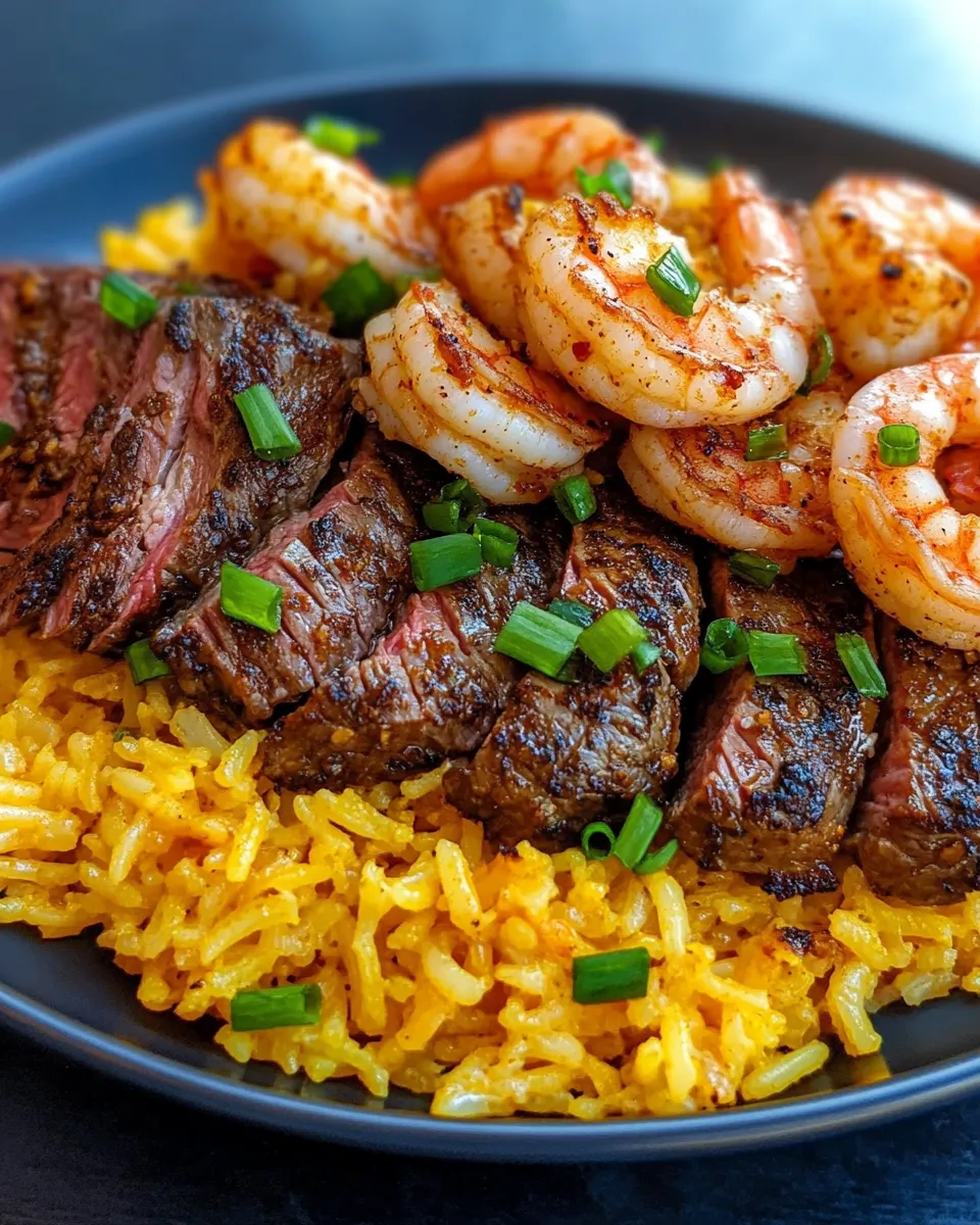 Easy Jerk Steak & Shrimp Over Yellow Rice food shot