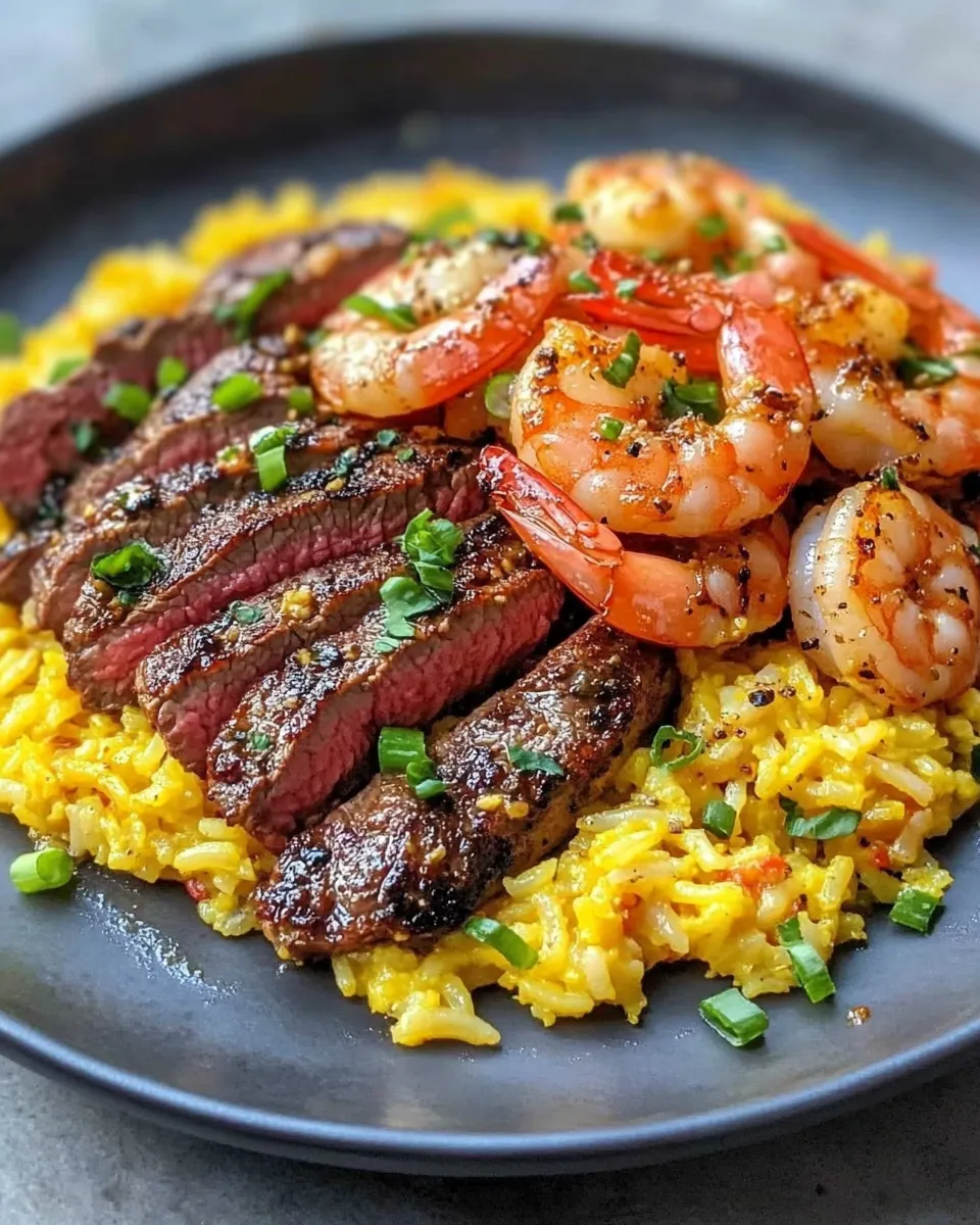 Delicious Jerk Steak & Shrimp Over Yellow Rice dish photo