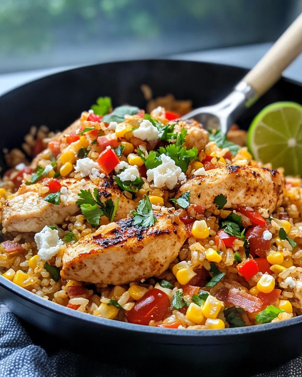 Delicious Mexican Street Corn Chicken Rice Skillet food shot