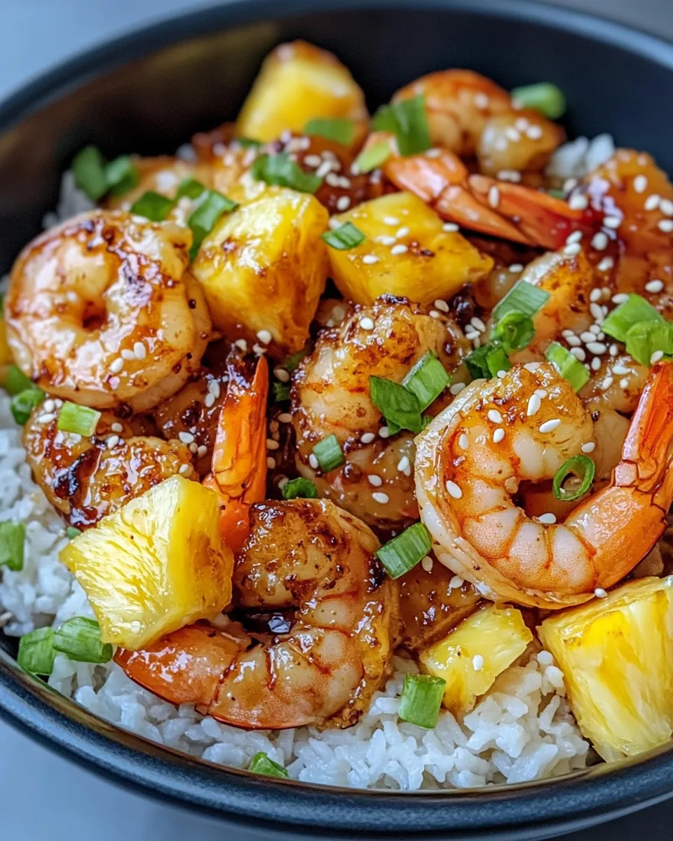 Delicious Pineapple Teriyaki Shrimp with Rice plate image