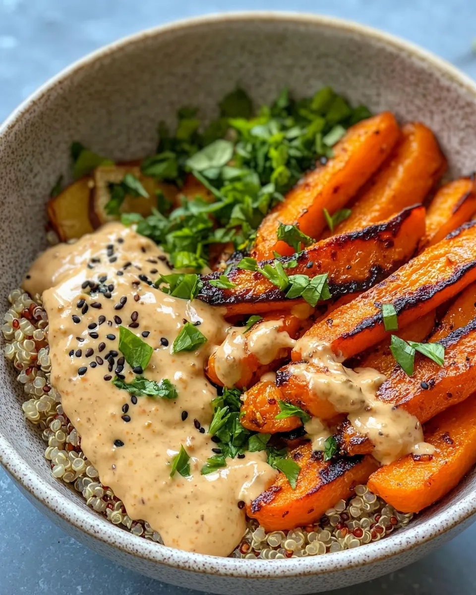 Easy Roasted Carrot Tahini Quinoa Bowls food shot