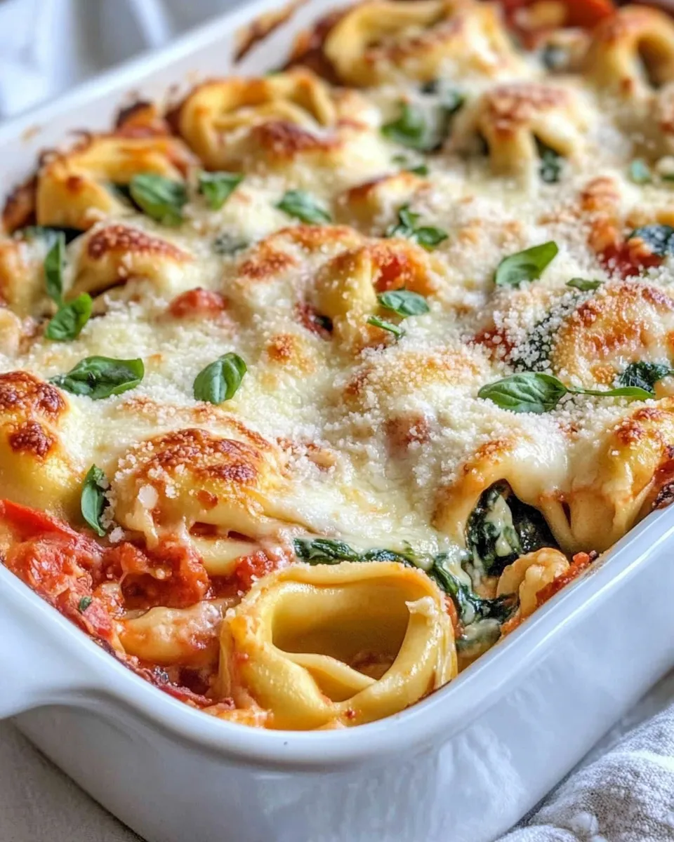 Easy Roasted Garlic Tomato Tortellini Bake food shot