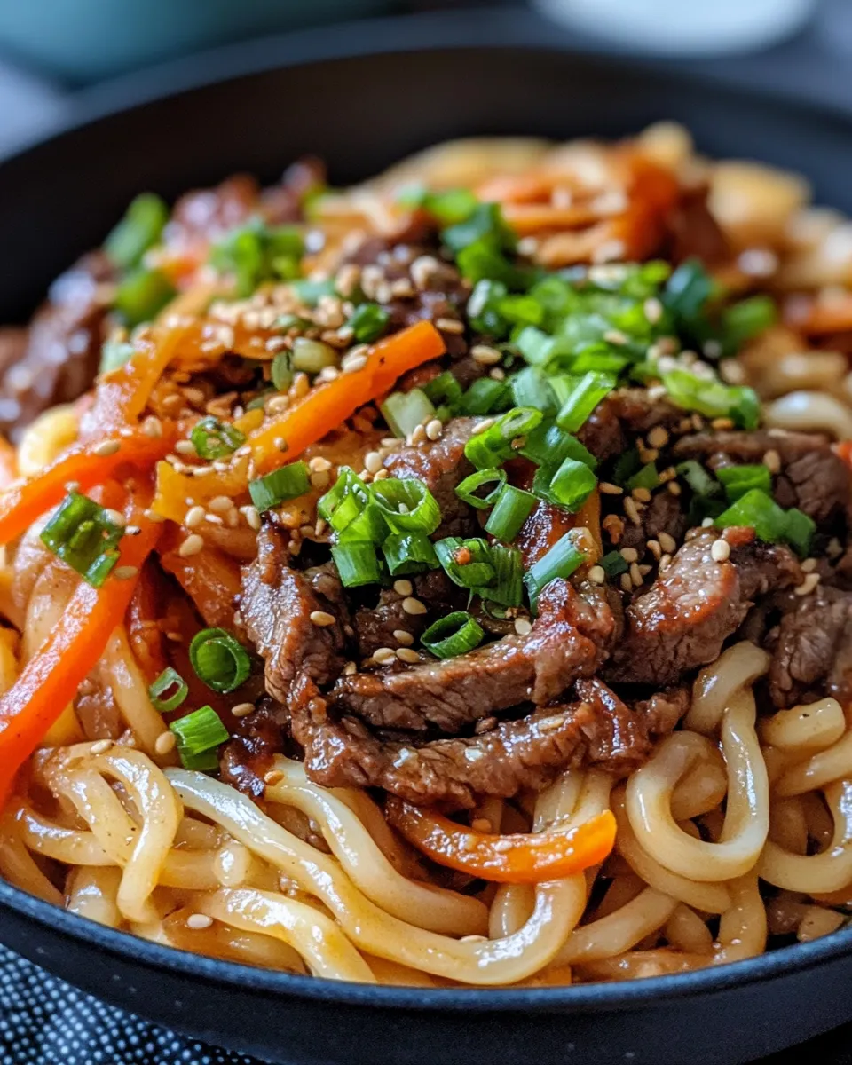 Easy Spicy Sesame Beef Udon Noodles food shot
