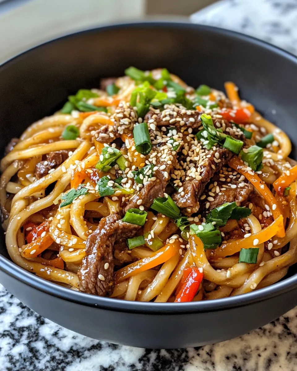 Delicious Spicy Sesame Beef Udon Noodles plate image