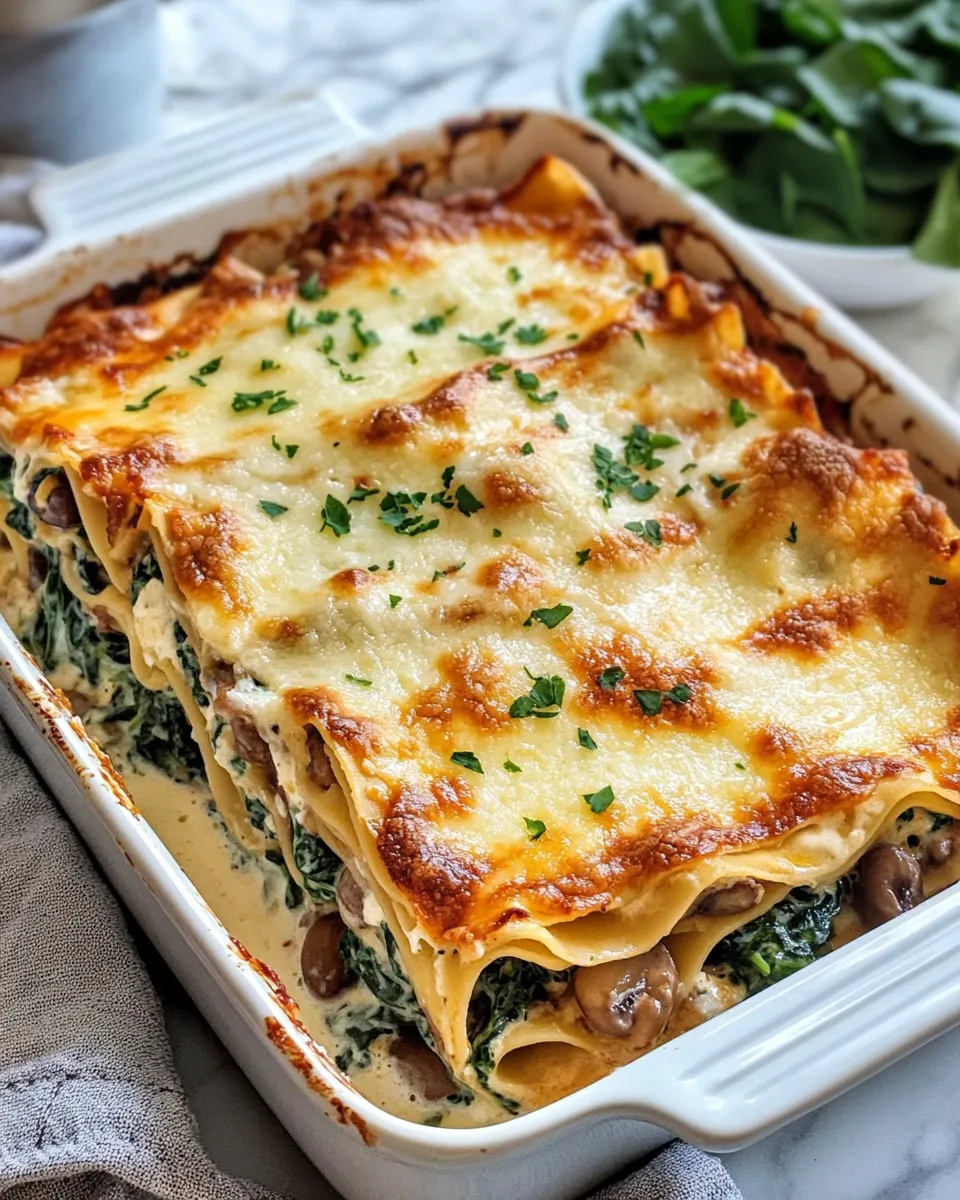 Classic Spinach Mushroom Alfredo Lasagna dish photo