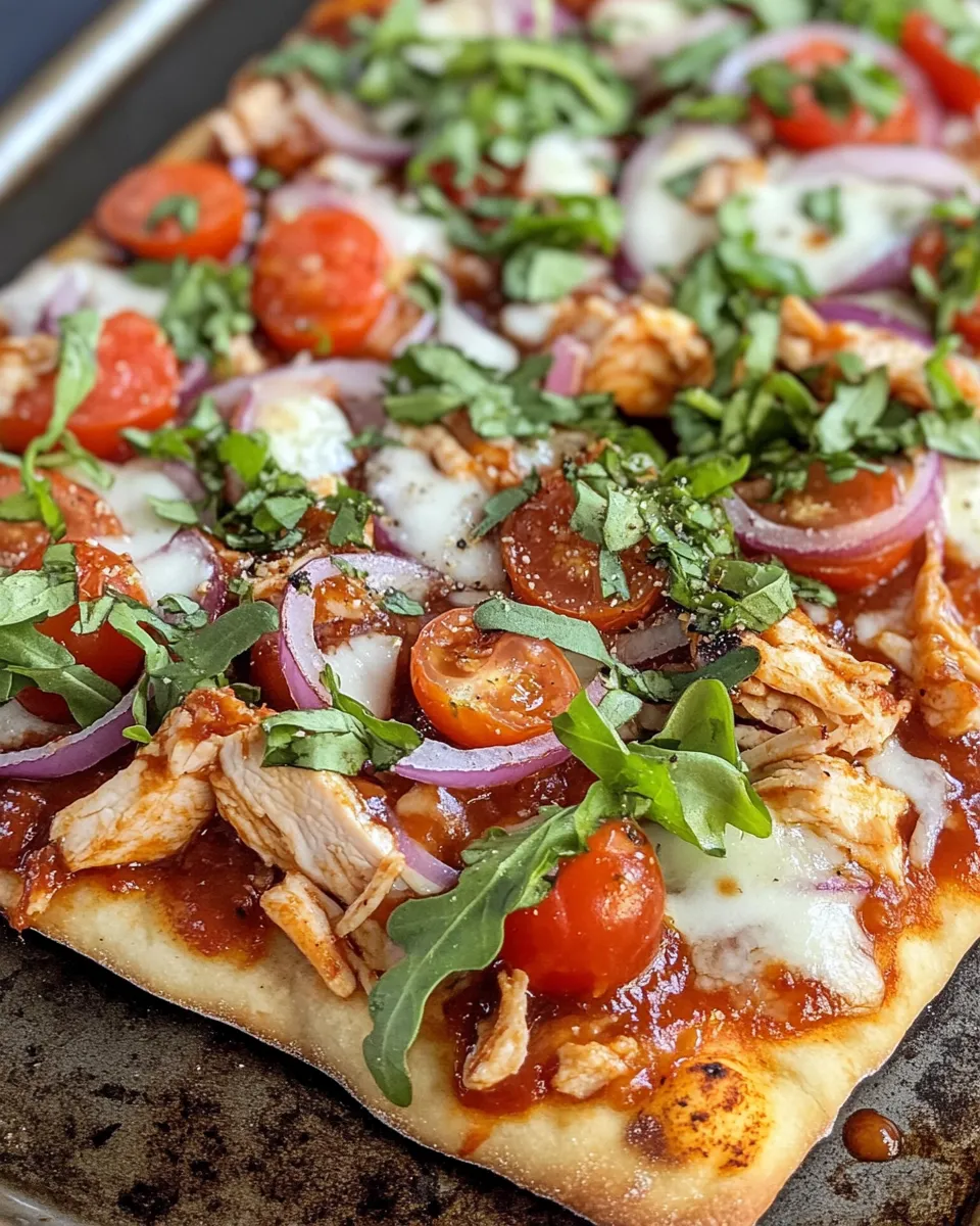 Delicious BBQ Chicken Flatbread Pizza with Arugula food shot
