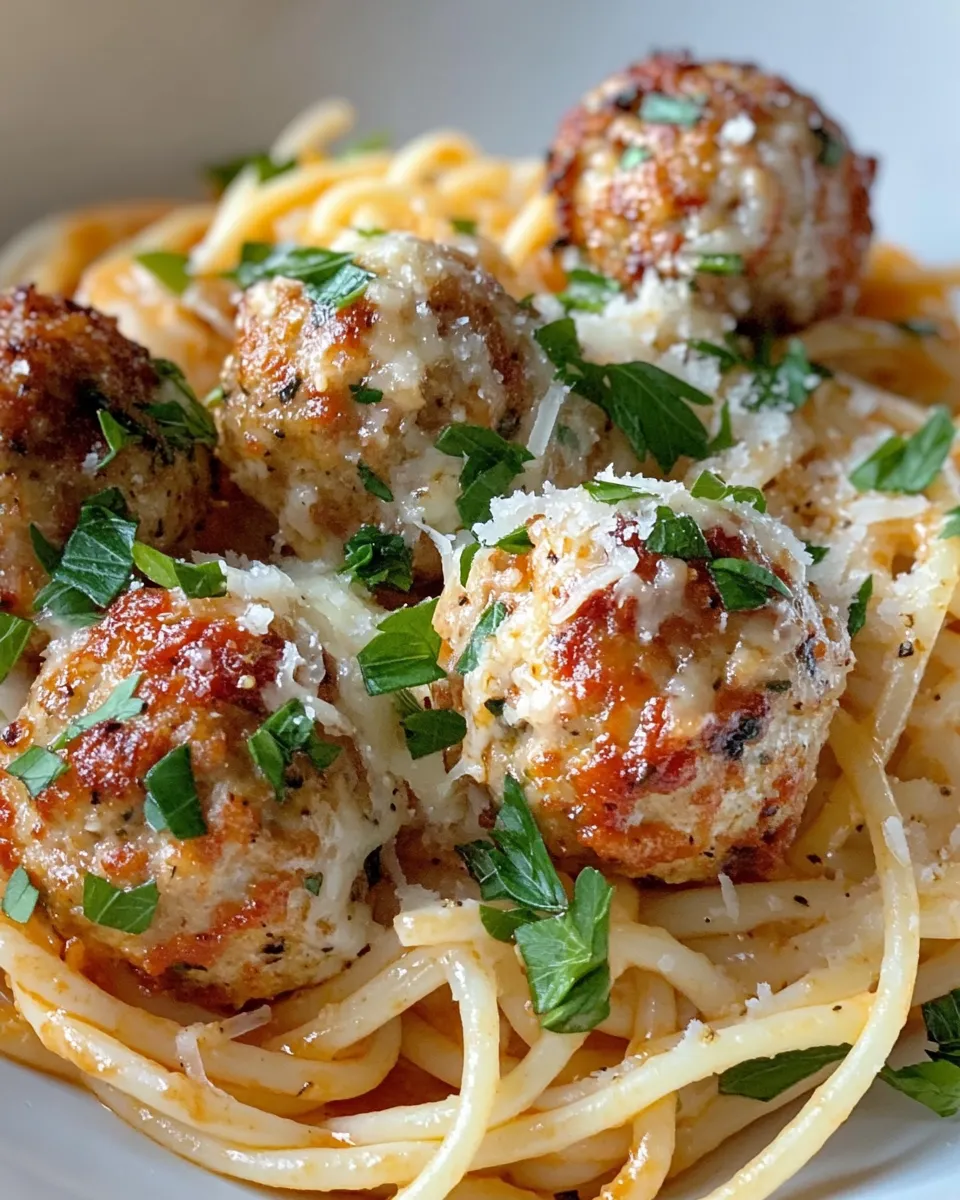 Easy Baked Chicken Parmesan Meatballs with Spaghetti food shot