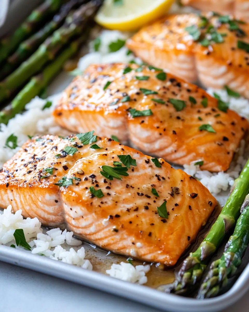 Classic Baked Honey Mustard Salmon with Asparagus & Rice dish photo