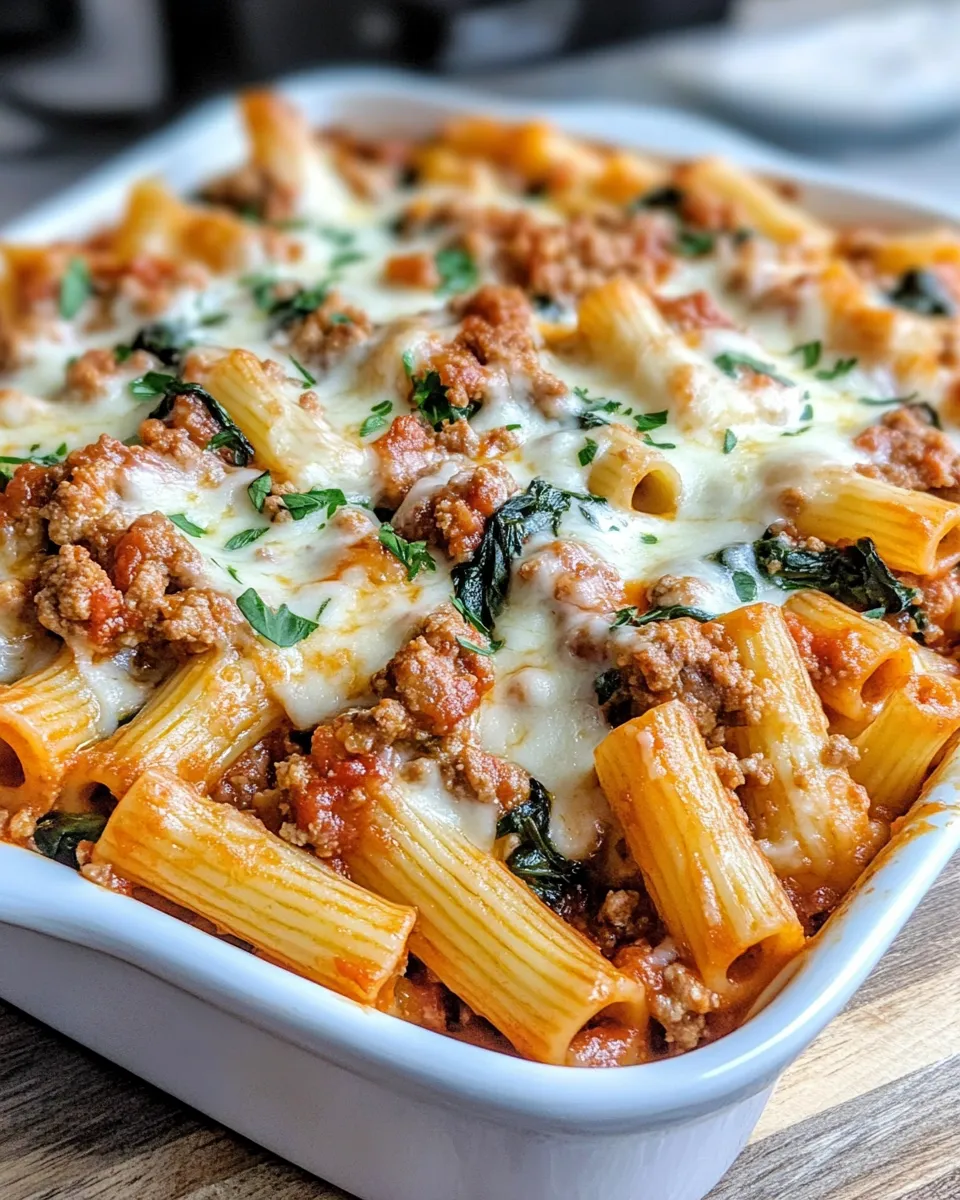 Easy Baked Ziti with Italian Sausage & Spinach food shot