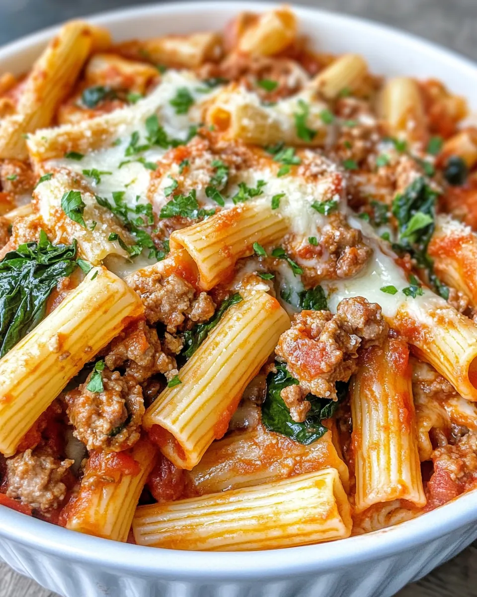 Delicious Baked Ziti with Italian Sausage & Spinach plate image