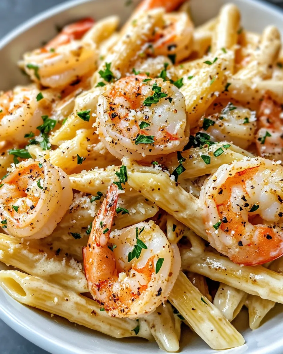 Easy Cajun Shrimp Alfredo Penne Pasta food shot