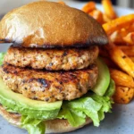 Homemade Cajun Spiced Turkey Burger with Avocado & Sweet Potato Fries recipe photo