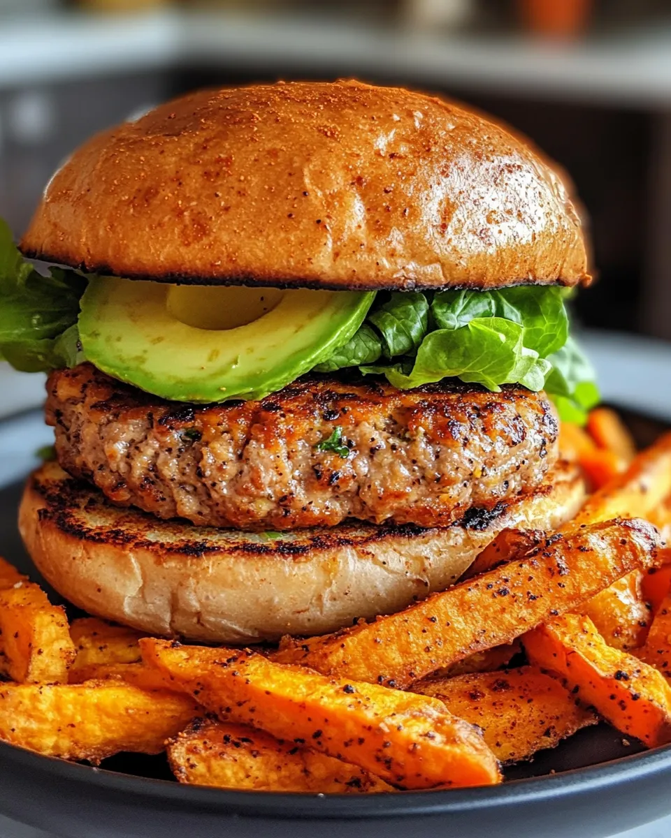 Easy Cajun Spiced Turkey Burger with Avocado & Sweet Potato Fries food shot