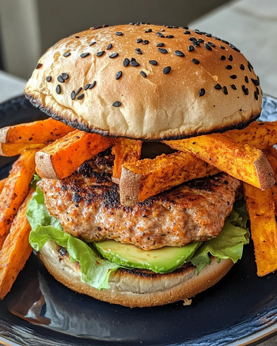 Delicious Cajun Spiced Turkey Burger with Avocado & Sweet Potato Fries plate image