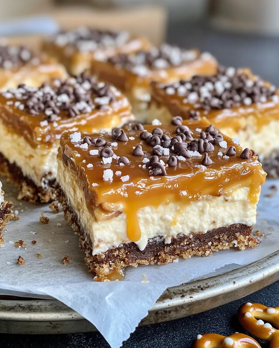 Delicious Caramel Drizzle Cheesecake Bars with Pretzel Crust photo