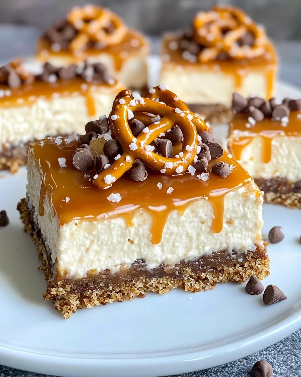 Tasty Caramel Drizzle Cheesecake Bars with Pretzel Crust food shot